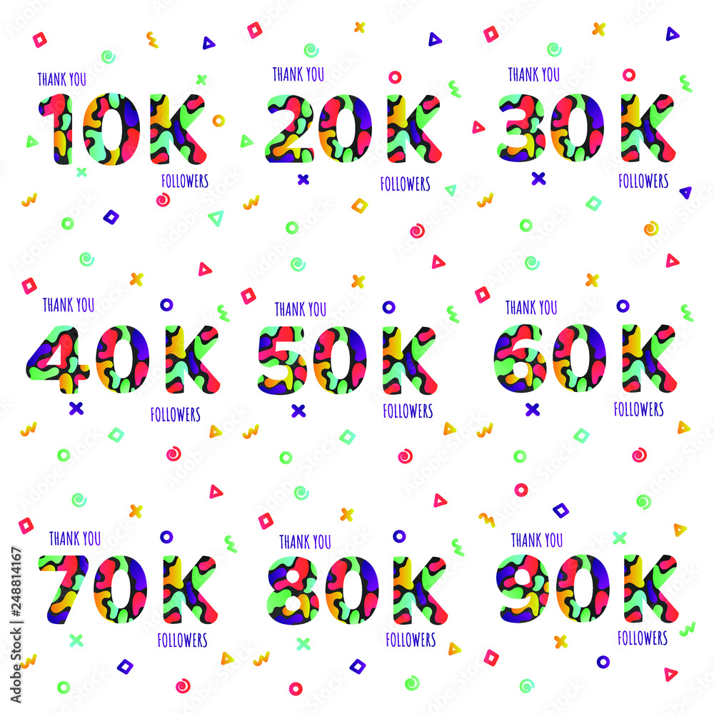 Thank you 10-90k followers numbers postcard set. Congratulating gradient flat style gradient thanks image vector illustration isolated  white background. Template for internet media social network.