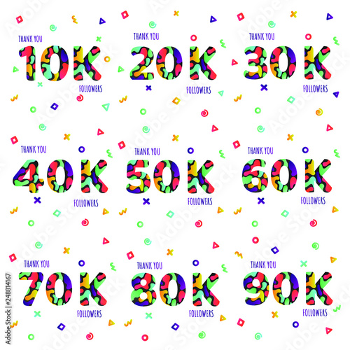 Thank you 10-90k followers numbers postcard set. Congratulating gradient flat style gradient thanks image vector illustration isolated  white background. Template for internet media social network.