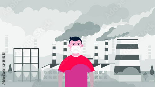 Confused boy wearing massk against smog. Fine dust, air pollution, industrial smog protection concept flat style design vector illustration. Industrial factory pipes with huge clouds of smoke.