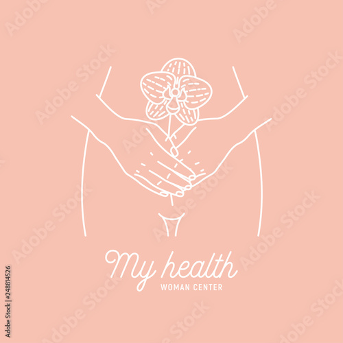 Woman health logotype. Intimate hygiene. Hands holding a flower. Vector illustration