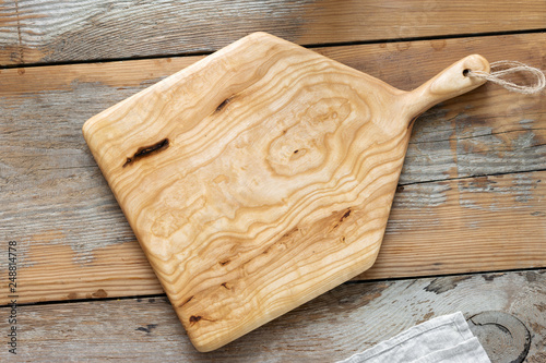 Cutting board handmade wooden kitchen table top view