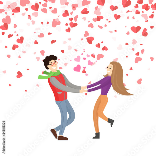 Happy couple holding hands  vector hearts of paper isolated on greeting card. Engagement of lovers dating dancing together  Valentines day illustration