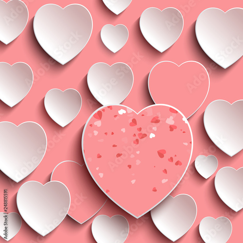 Greeting card with 3D hearts, Valentines day background in pink and white colors. Heart-shape frame, glittering elements and symbols of love on postcard