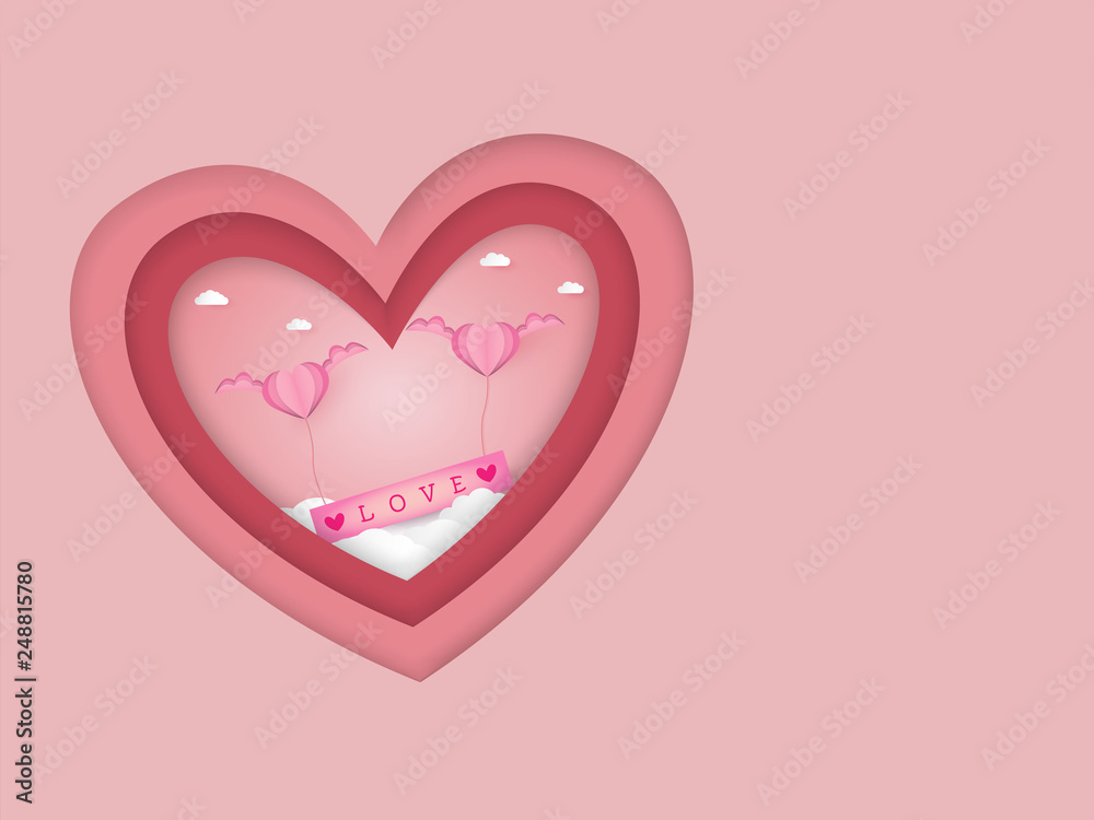 Valentines day vector background with pink heart shape and wing, love word  over cloud, paper cut design