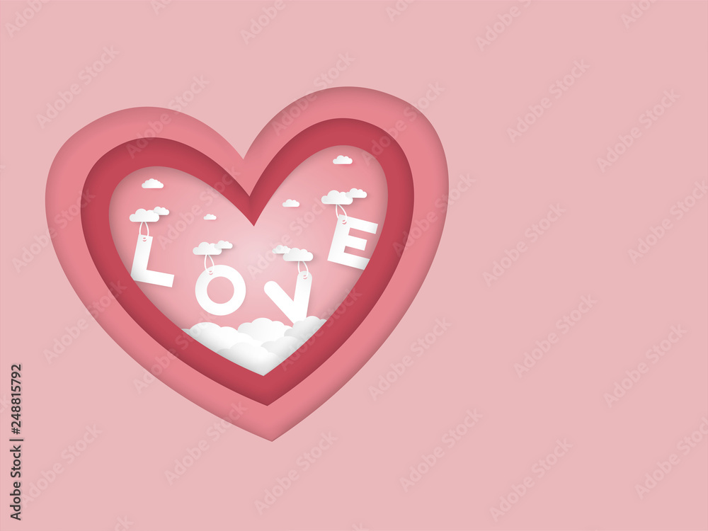 Valentines day vector background with pink heart shape and love word  over cloud, paper cut design