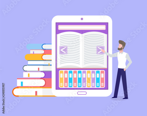 Electronic book with library for free students access vector. Ebook with opened page, man touching screen of tablet. Education printed materials in cover