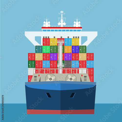 Empty Cargo Container ship with front view. Freight Transportation concept. High detailed vector illustration.