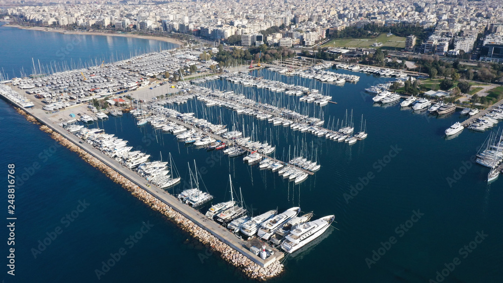 Aerial drone top view photo of mediterranean shipyard and port with yachts and sailboats by the sea