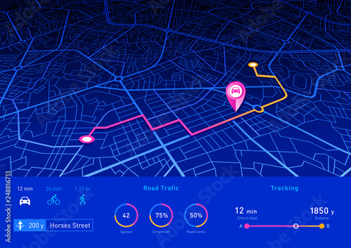 GPS navigator pin blue color mock up with navigation interface