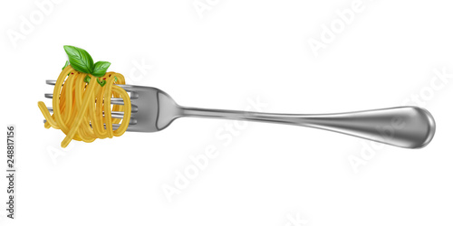 Pasta. Spaghetti wound on a fork with basil leaves. 3d realistic vector illustration isolated on white background. photo