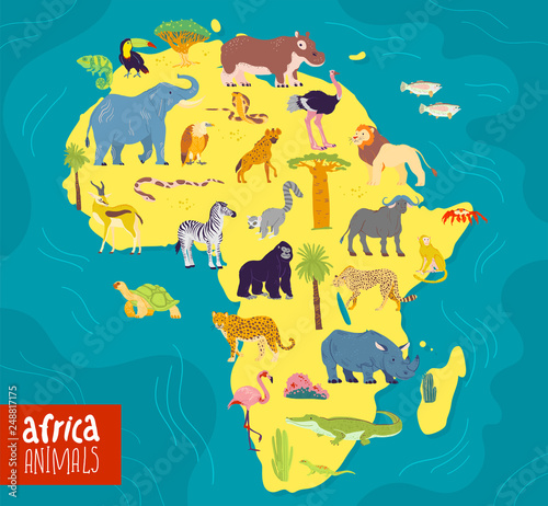 Vector flat illustration of Africa continent, animals and plants: elephant, rhino, monkey, zebra, crocodile, flamingo, turtle and palm tree, cactus etc. Good for infographics, children book, banners. © artflare