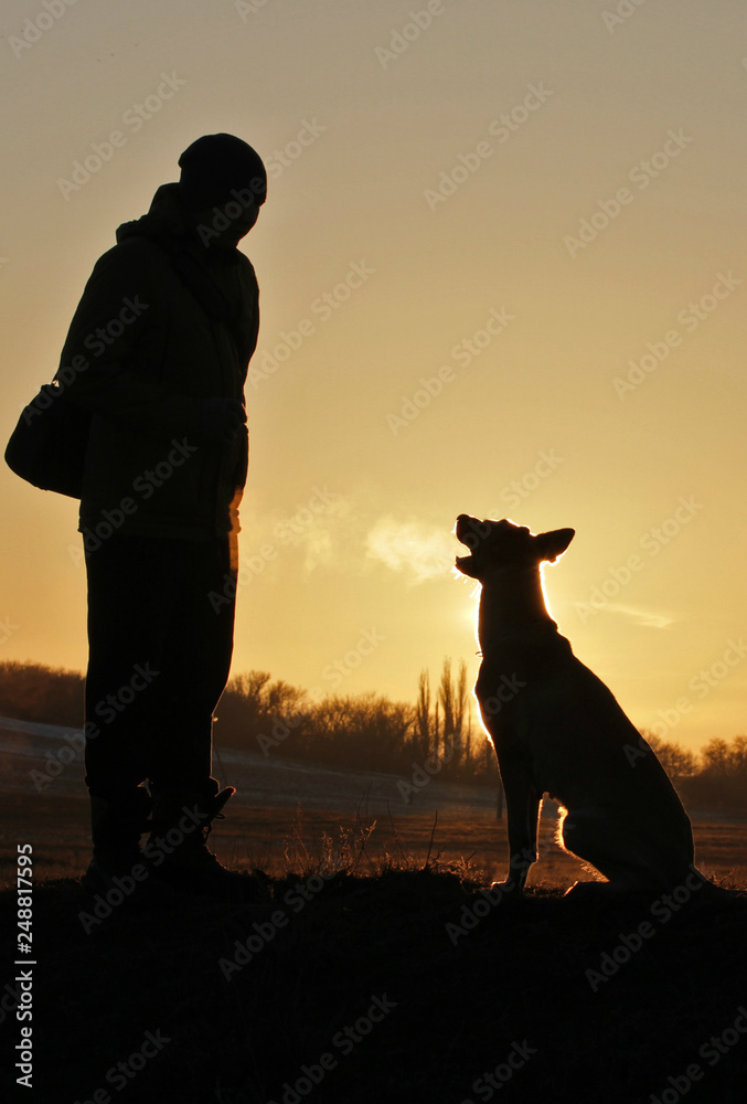 The man and the dog on the background of the unlikely sunset