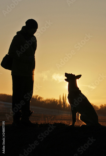 The man and the dog on the background of the unlikely sunset