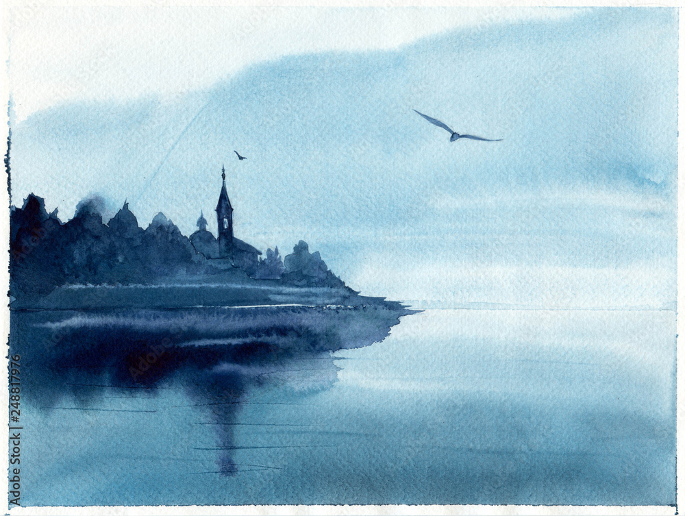 Fototapeta Watercolor illustration with lake, tower among mountains, reflection. Hand drawn picture about foggy morning, seaside landscape. Blue painted background and wallpaper. Postcard in watercolor style.