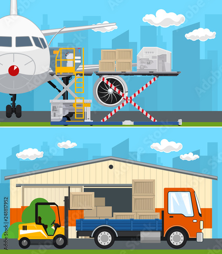 Set of Air Cargo and Storage Services, Airplane with Autoloader at the Airport , Warehouse, Forklift Loads or Unloads Boxes from a Truck, Shipping and Freight of Goods, Vector Illustration