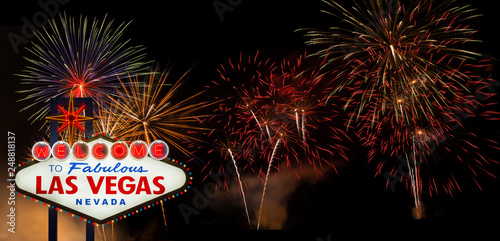 Photography Welcome to Fabulous Las Vegas with colorful firework background