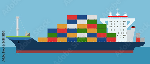 Cargo Container ship side view. Freight Transportation concept. High detailed vector illustration.