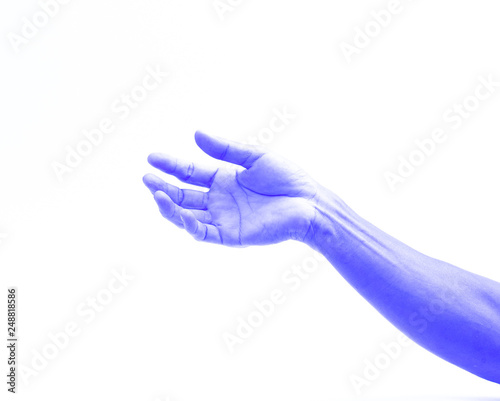 Man hand with blue skin tone effect on white background