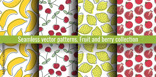 Seamless pattern set. Juicy fruit and berry collection. Banana, cherry, lemon, garnet. Hand drawn color vector sketch background. Colorful doodle wallpaper. Summer print