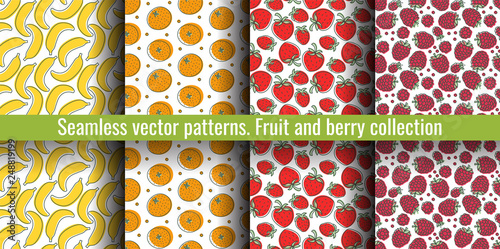 Seamless pattern set. Juicy fruit and berry collection. Banana, raspberry, orange, strawberry, tangerine. Hand drawn color vector sketch background. Colorful doodle wallpaper. Summer print © Ramziia