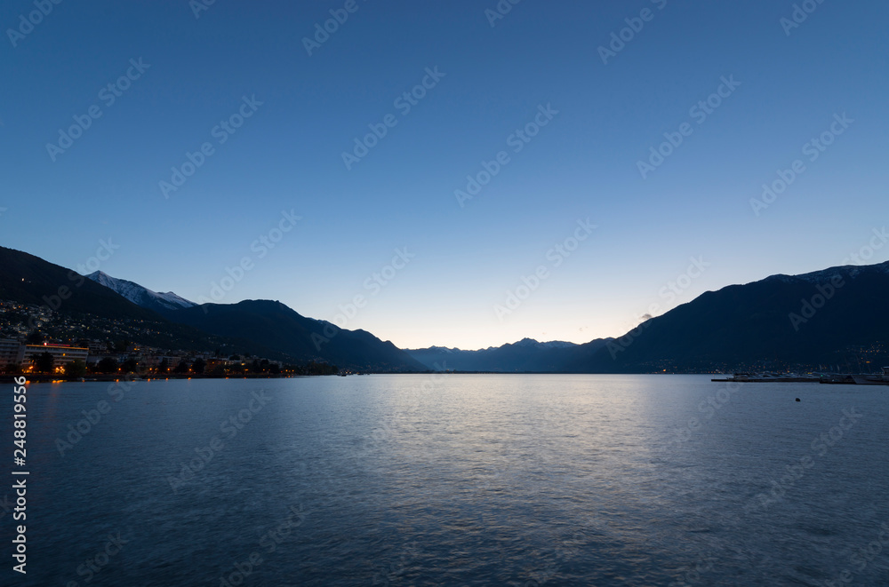 Alpine Lake Maggiore with Mountain in Dusk in Ticino, Switzerland.
