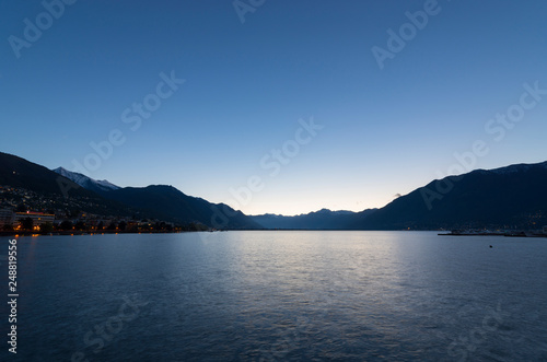 Alpine Lake Maggiore with Mountain in Dusk in Ticino, Switzerland.