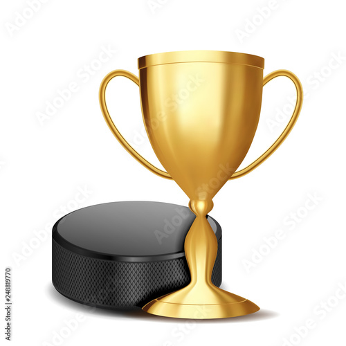 Ice Hockey Award Vector. Ice Hockey Puck, Golden Cup. For Sport Promotion. Tournament, Championship Flyer Design. Ice Hockey Club, Academy. Invitation Element Illustration