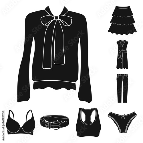 Vector illustration of woman and clothing sign. Set of woman and wear vector icon for stock.