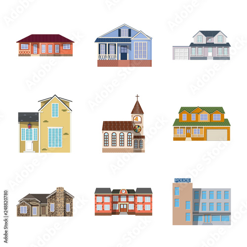 Vector illustration of building and front sign. Set of building and roof stock vector illustration.