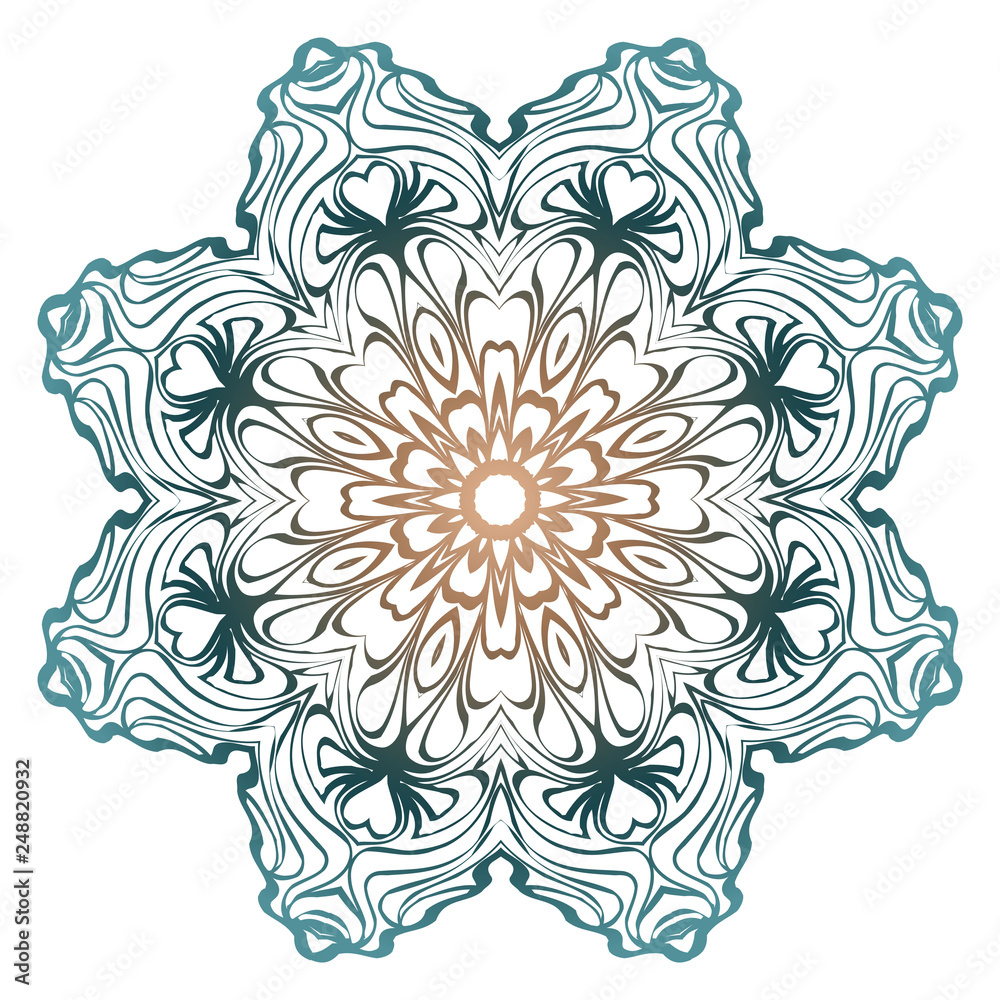 Decorative Colorful Floral Ornament With Decorative Border. Ethnic Mandala Decoration. Vector illustatration. Brown, turquise color. Indian, Moroccan, Mystic, Ottoman Motifs.