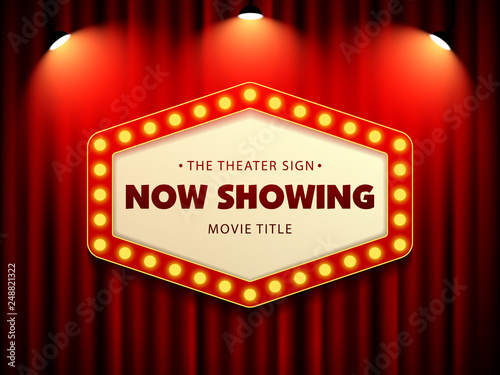 Cinema Theater Retro Sign on curtain with spotlight. Vector Illustration