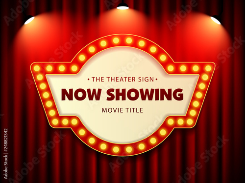Cinema Theater Retro Sign on curtain with spotlight. Vector Illustration