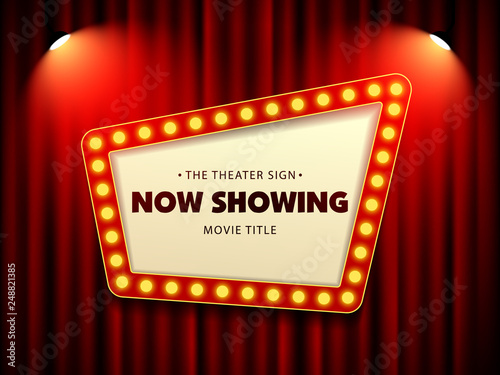 Cinema Theater Retro Sign on curtain with spotlight. Vector Illustration