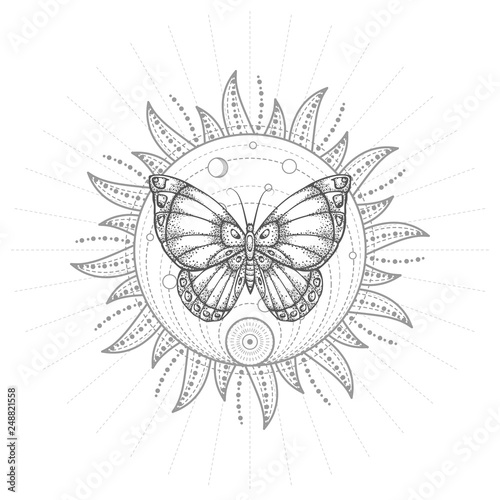 Vector illustration with hand drawn butterfly and Sacred geometric symbol on white background. Abstract mystic sign. Black linear shape.