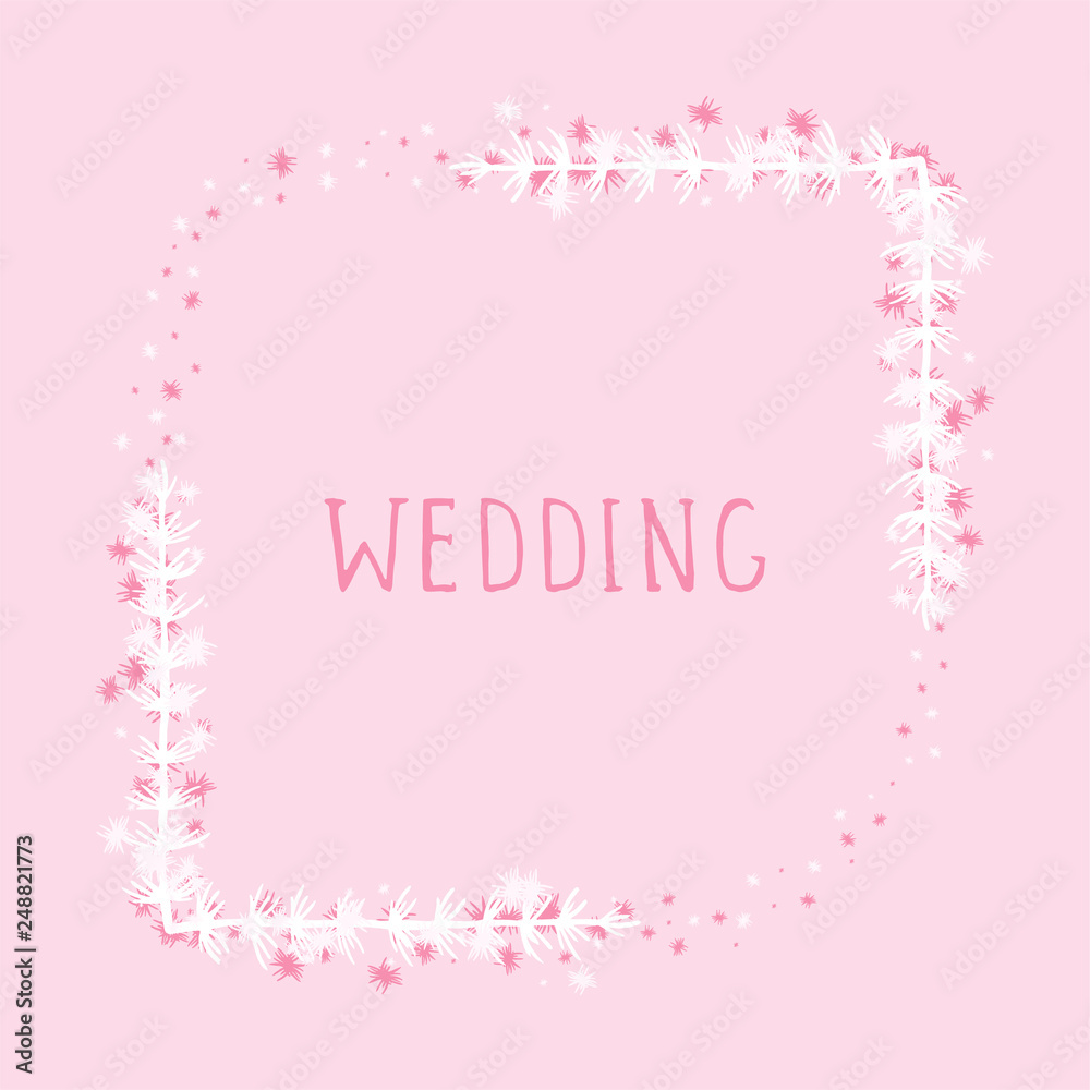 Vector hand drawn illustration of text WEDDING and floral rectangle frame on pink background. 