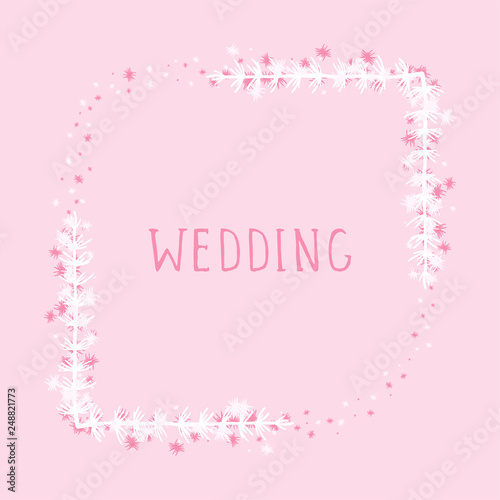 Vector hand drawn illustration of text WEDDING and floral rectangle frame on pink background.  © nadezhdash