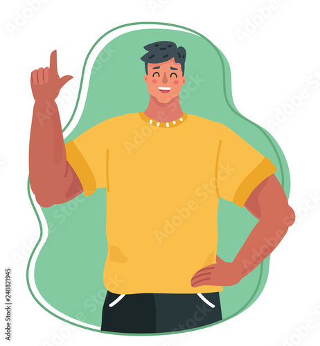 Young man smiling and pointing index finger up.