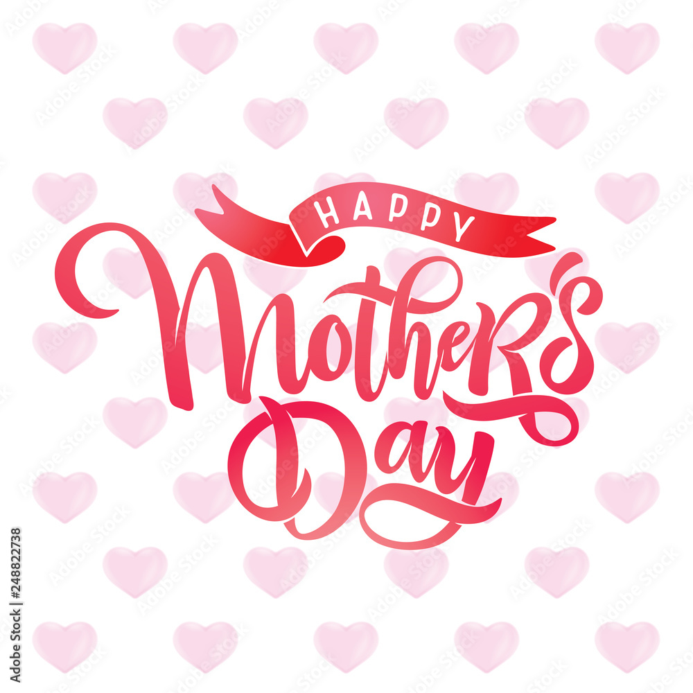 Vector Mothers day bright greeting card with festive calligraphy lettering, red hearts pattern, ribbon Watercolor effect