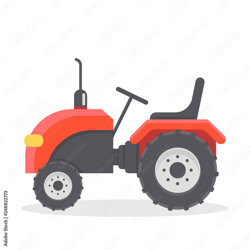 Vector flat illustration of red tractor without cab. Agricultural machinery. 
