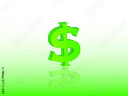 Green dollar sign for currency with reflection vector illustration on light background to express investment in the business market