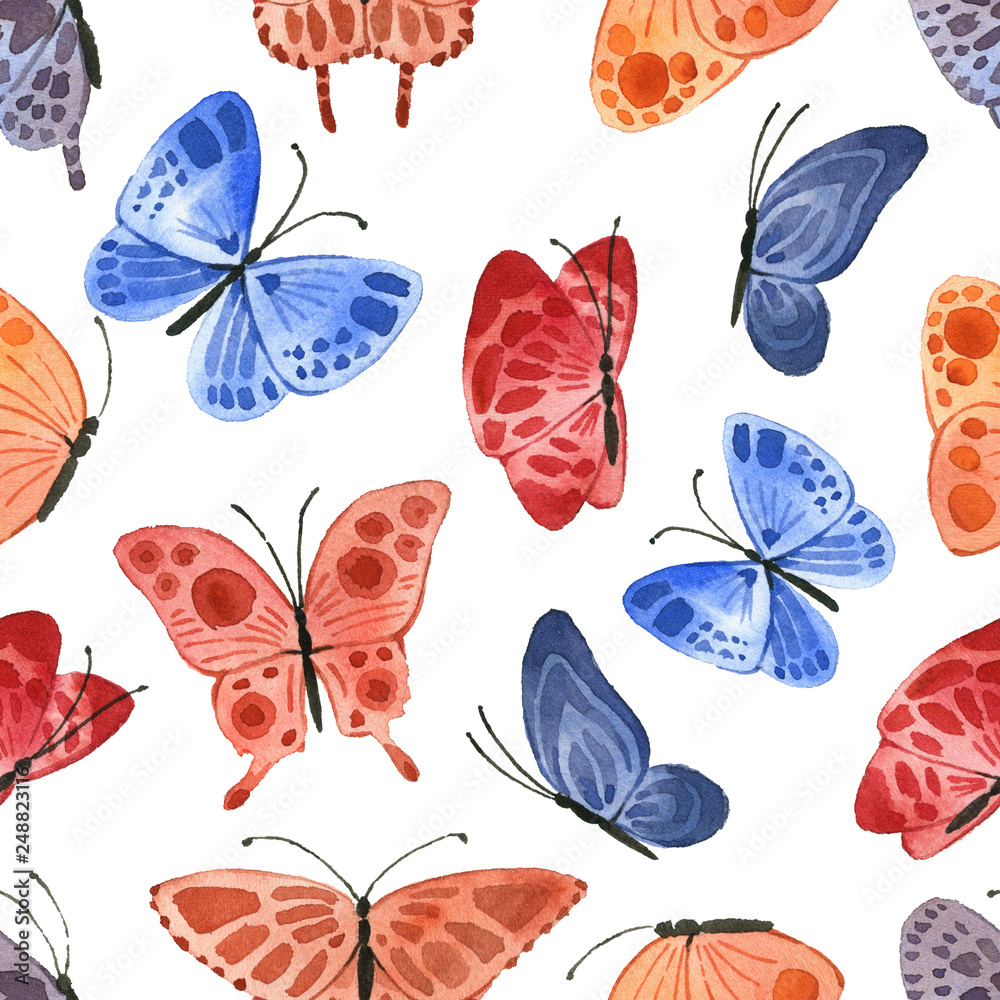 Pattern with bright cute butterflies, in watercolor style!