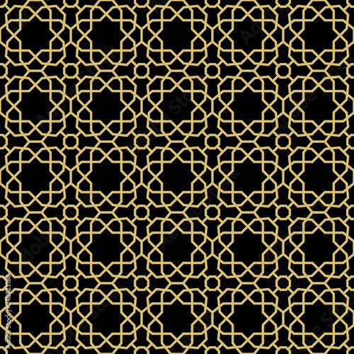 Seamless black and golden background for your designs. Modern vector ornament. Geometric abstract pattern
