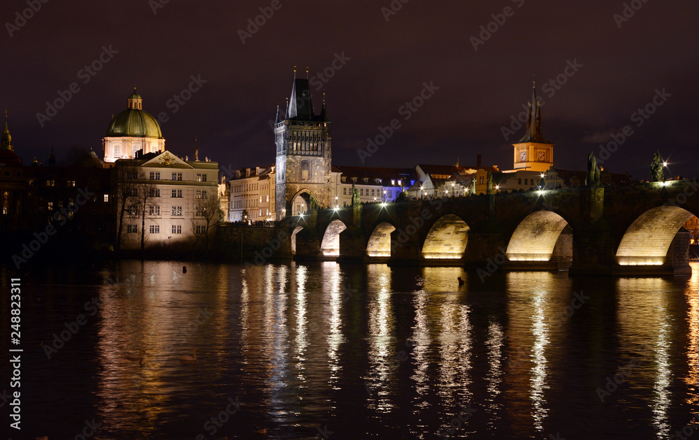 View to the Charles Bridge, Prague, Czech Republic by Night