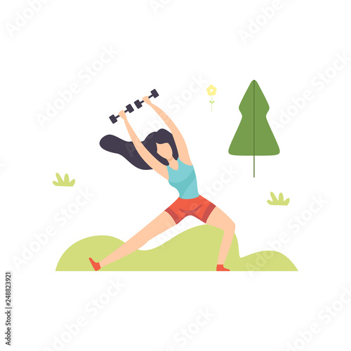 Young Woman Lifting Dumbbells in Park, Girl Relaxing and Enjoying Nature Outdoors Vector Illustration