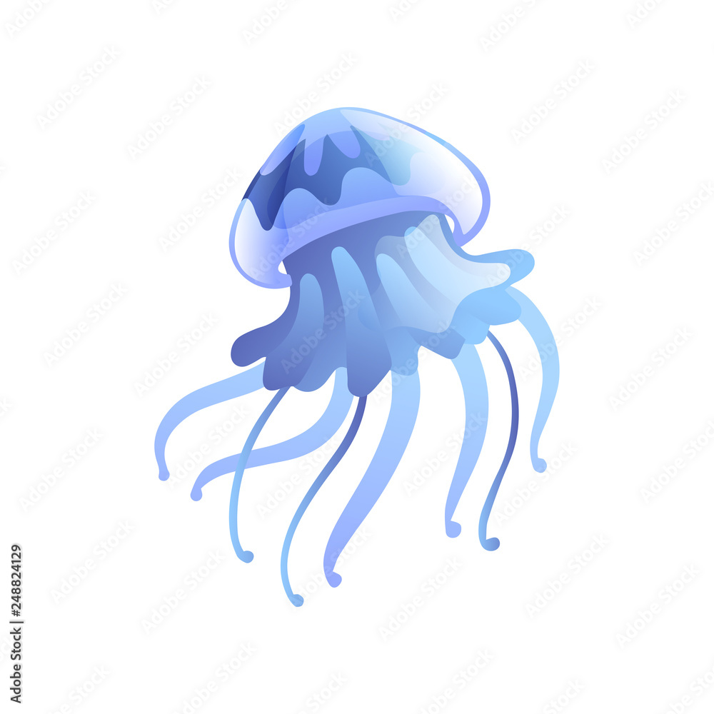 Jellyfish, Beautiful Light Blue Swimming Marine Underwater Creature Vector Illustration