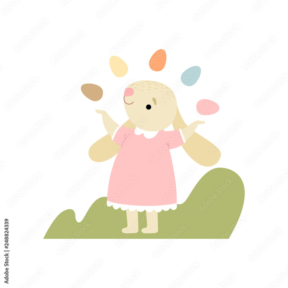 Cute Bunny in Pink Dress Juggling with Colorful Eggs, Happy Easter Vector Illustration Cute Bunny in Pink Dress Juggling with Colorful Eggs, Happy Easter Vector Illustration