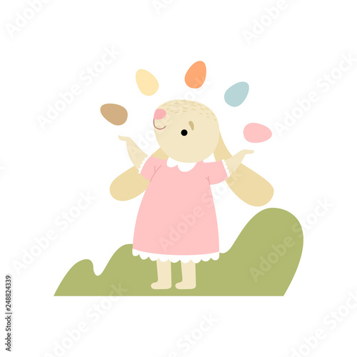 Cute Bunny in Pink Dress Juggling with Colorful Eggs  Happy Easter Vector Illustration