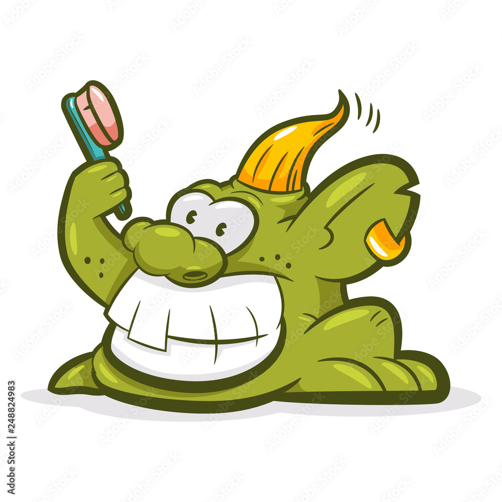 Smiling troll with a toothbrush. Vector cartoon monster character isolated on white background.