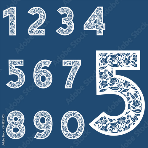 Templates for cutting out letters. Full set of numbers.  May be used for laser cutting. Fancy lace numbers. Flower ornament.
