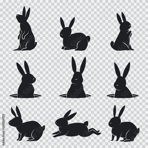 Rabbit black silhouette. Vector cartoon bunny set isolated on transparent background.